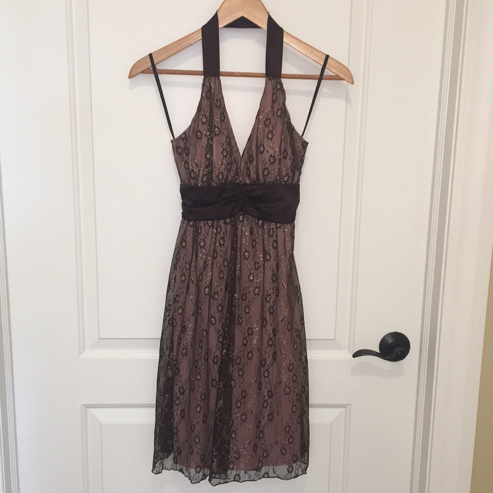 Taboo pink, brown, and gold lace halter dress | S
